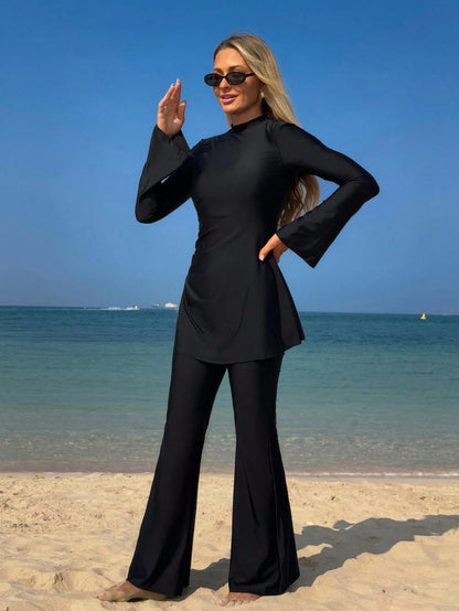 Swim Mulvari Summer Modest Swimsuit Beach Vacation Holiday,High Neck Long Sleeve Ruched Flared Cinched Waist UV Protection 2 Pieces Arabic Clothing
