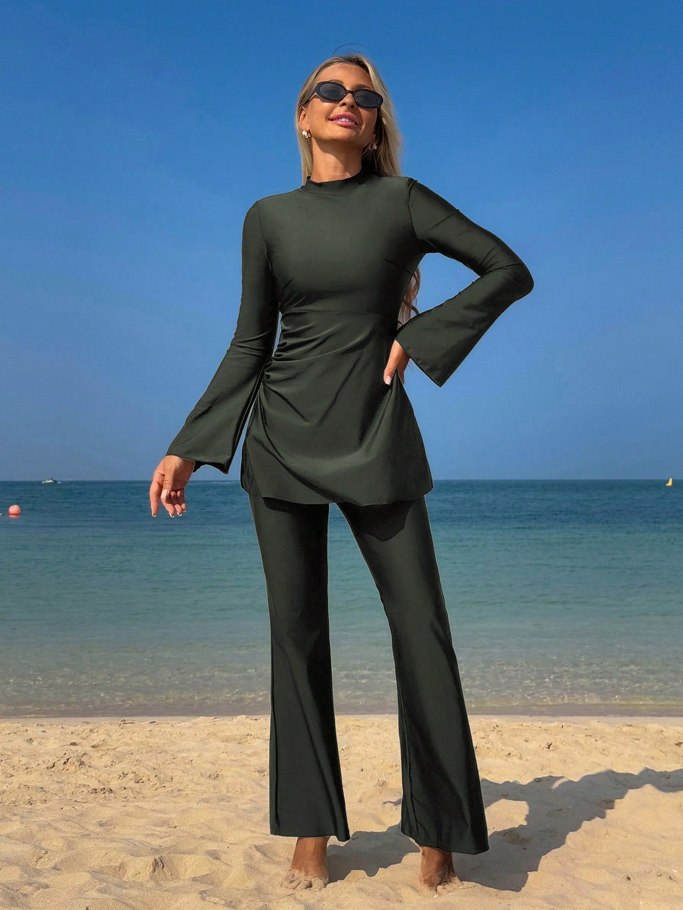 Swim Mulvari Summer Modest Swimsuit Beach Vacation Holiday,High Neck Long Sleeve Ruched Flared Cinched Waist UV Protection 2 Pieces Arabic Clothing