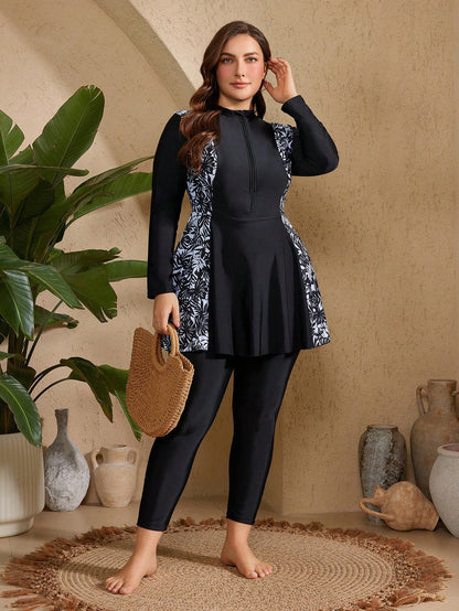 Swim Mulvari Summer Plus Size Women 2pcs/Set Tankini Swimsuit Modest 1920s Black Patchwork Tropical Print Front Zipper Long Sleeve Pants Beach Holiday Burkini Set