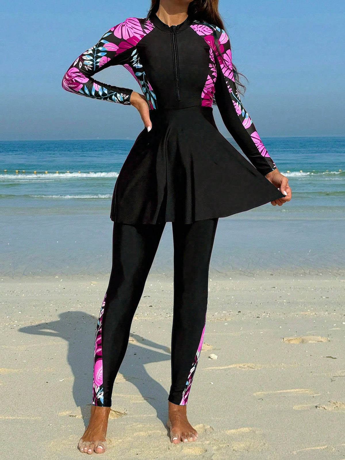 Swim Mulvari Women's Off-Shoulder Printed Burkini Top, Summer Beach Arabic Clothing