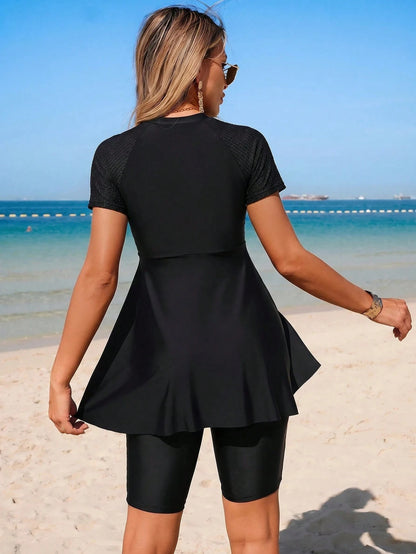 Swim Mulvari Women's Ribbed Patchwork Black Zipper Burkini Two Pieces Modest Dress, Waist Cinched Beach Outfit
