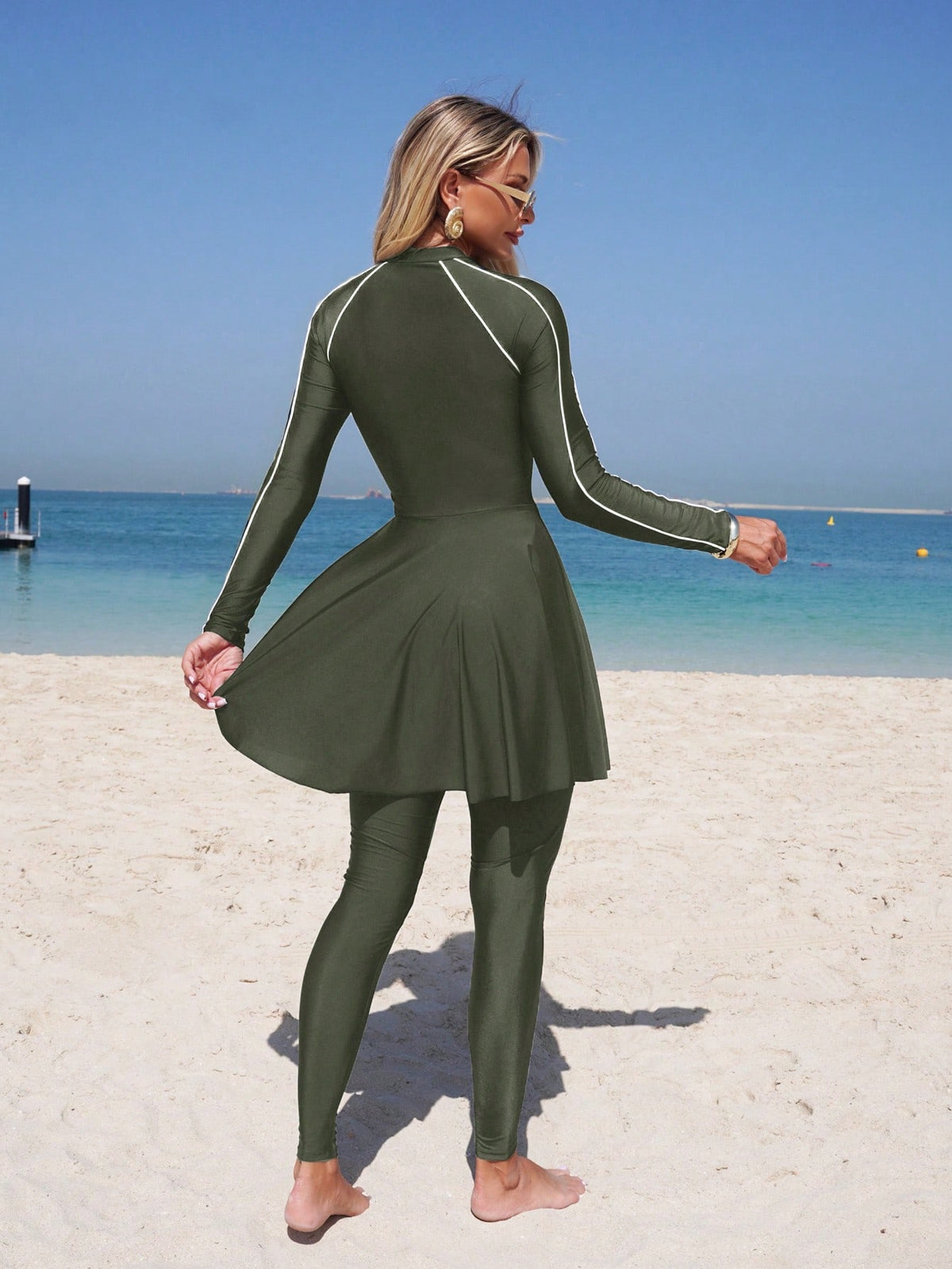 Swim Mulvari Zipper Elegant Modest Women Burkini Swimwear Set, Suitable For Beach Vacation