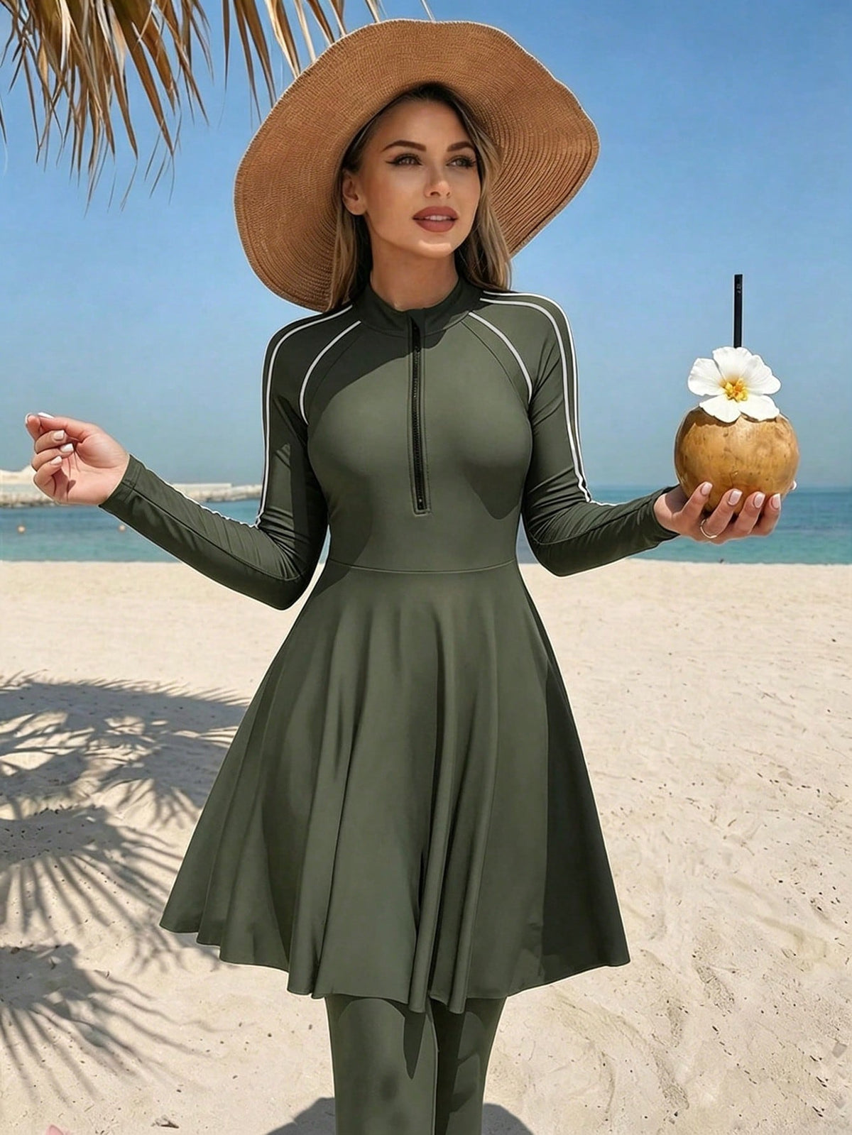 Swim Mulvari Zipper Elegant Modest Women Burkini Swimwear Set, Suitable For Beach Vacation