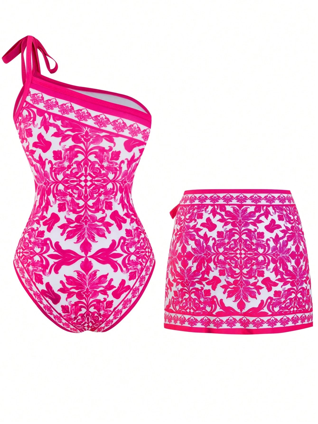 Swim Oasis 2026 New Plus Size Women's One-Shoulder Tie-Up Printed One-Piece Swimsuit With Short Wrap Skirt Beach Vacation Summer Holiday Outfit White Sexy