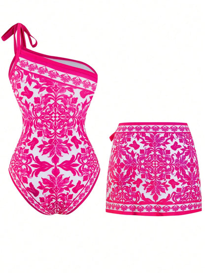 Swim Oasis 2026 New Plus Size Women's One-Shoulder Tie-Up Printed One-Piece Swimsuit With Short Wrap Skirt Beach Vacation Summer Holiday Outfit White Sexy