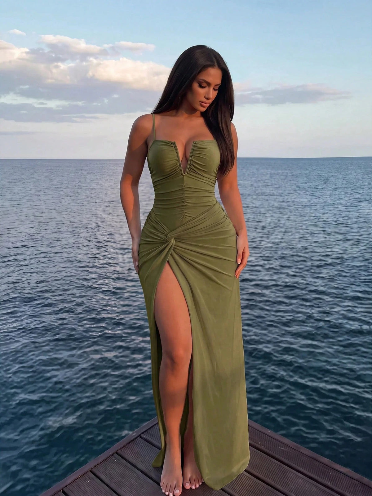 Swim Oasis 2pcs Beach Vacation Sexy Solid V-Neck Ruched Spaghetti Strap Monokini & Split Front Skirt Set For Summer