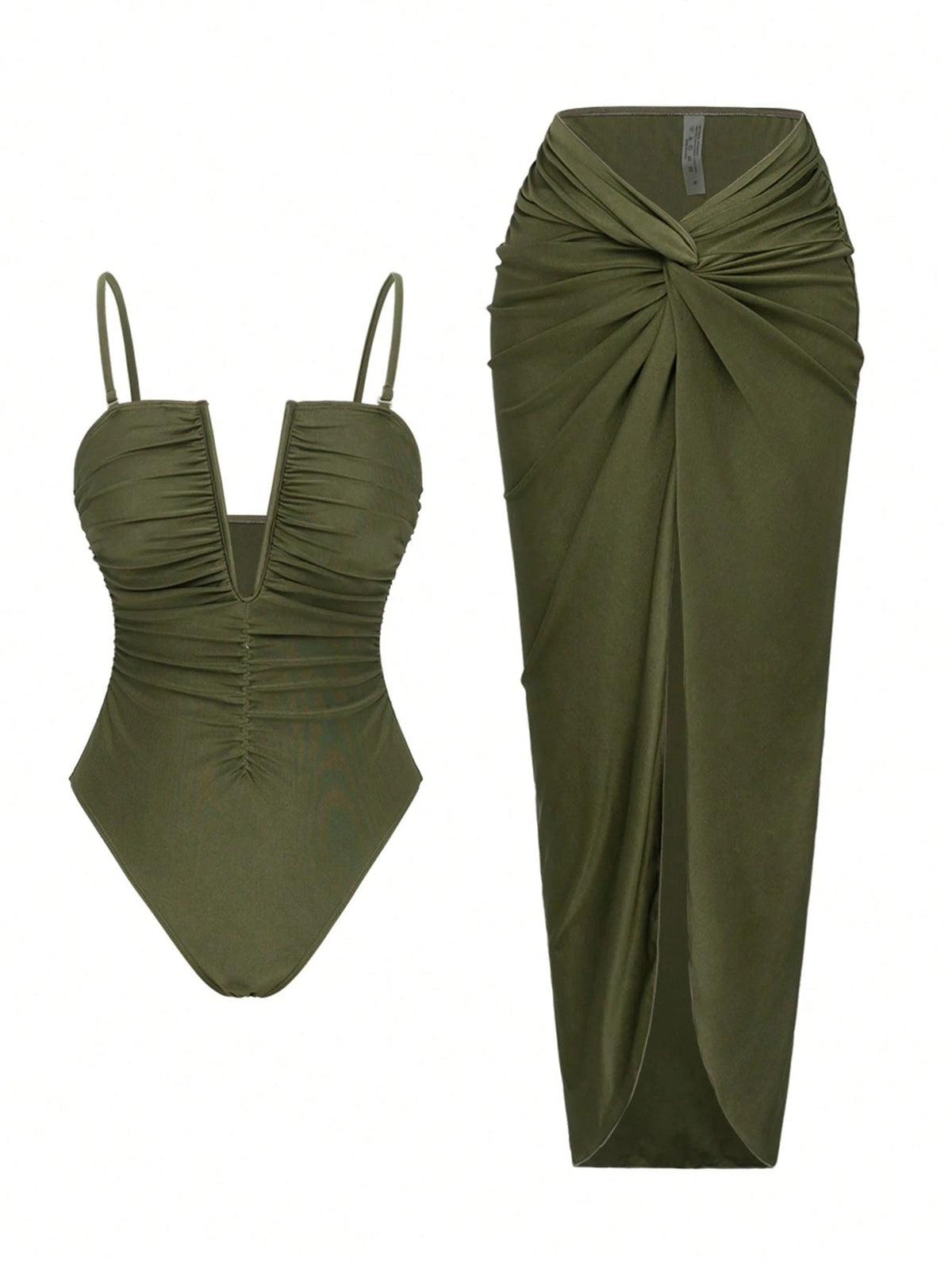 Swim Oasis 2pcs Beach Vacation Sexy Solid V-Neck Ruched Spaghetti Strap Monokini & Split Front Skirt Set For Summer