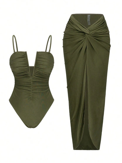 Swim Oasis 2pcs Beach Vacation Sexy Solid V-Neck Ruched Spaghetti Strap Monokini & Split Front Skirt Set For Summer
