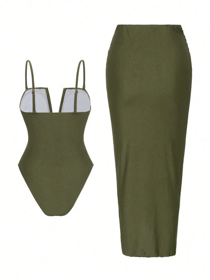 Swim Oasis 2pcs Beach Vacation Sexy Solid V-Neck Ruched Spaghetti Strap Monokini & Split Front Skirt Set For Summer