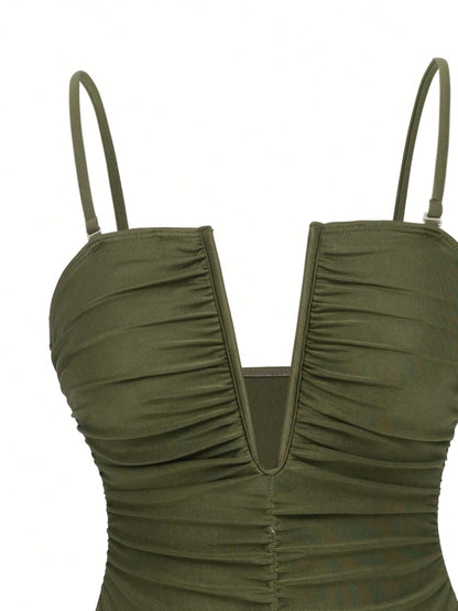 Swim Oasis 2pcs Beach Vacation Sexy Solid V-Neck Ruched Spaghetti Strap Monokini & Split Front Skirt Set For Summer