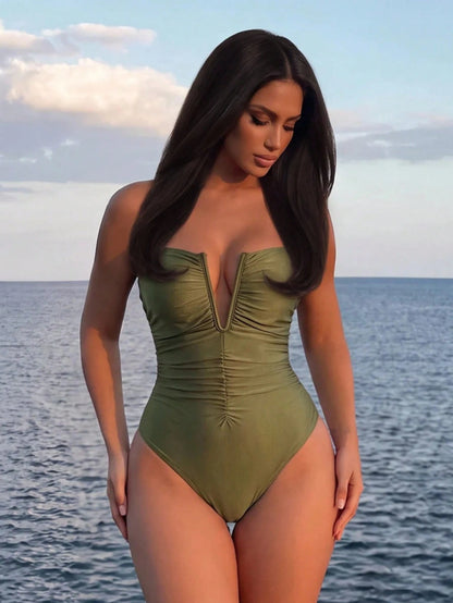 Swim Oasis 2pcs Beach Vacation Sexy Solid V-Neck Ruched Spaghetti Strap Monokini & Split Front Skirt Set For Summer