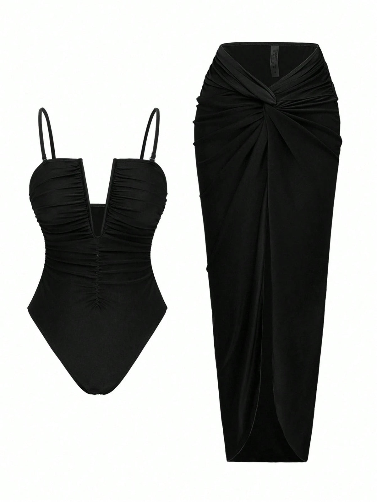Swim Oasis 2pcs Beach Vacation Sexy Solid V-Neck Ruched Spaghetti Strap Monokini & Split Front Skirt Set For Summer