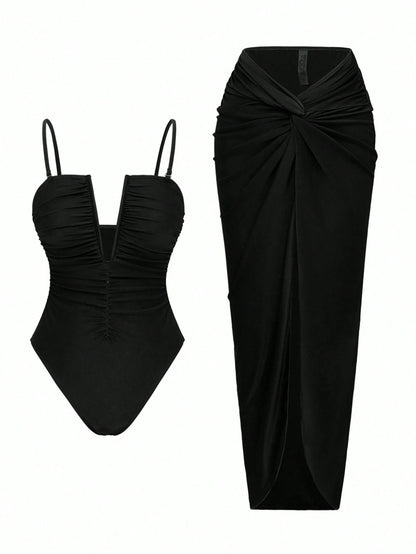 Swim Oasis 2pcs Beach Vacation Sexy Solid V-Neck Ruched Spaghetti Strap Monokini & Split Front Skirt Set For Summer