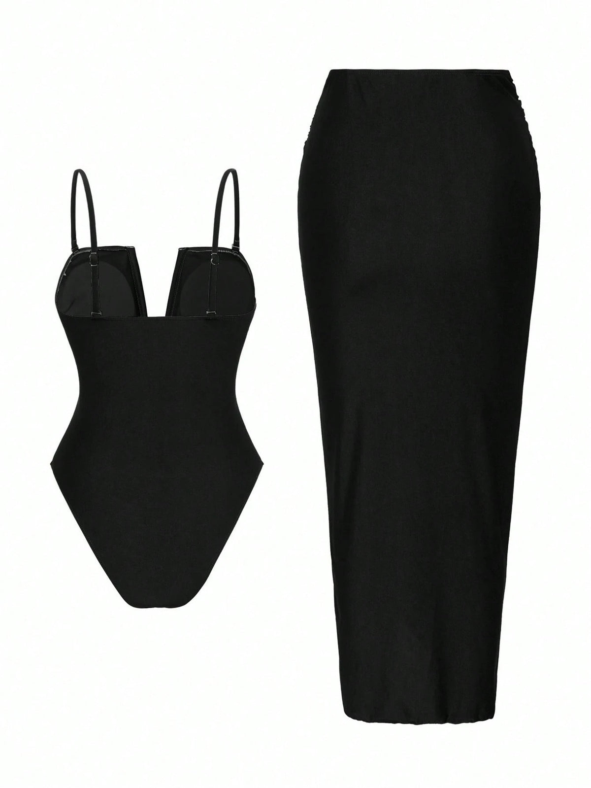 Swim Oasis 2pcs Beach Vacation Sexy Solid V-Neck Ruched Spaghetti Strap Monokini & Split Front Skirt Set For Summer