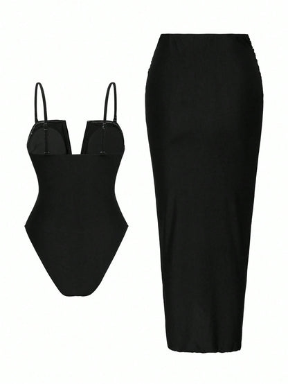 Swim Oasis 2pcs Beach Vacation Sexy Solid V-Neck Ruched Spaghetti Strap Monokini & Split Front Skirt Set For Summer