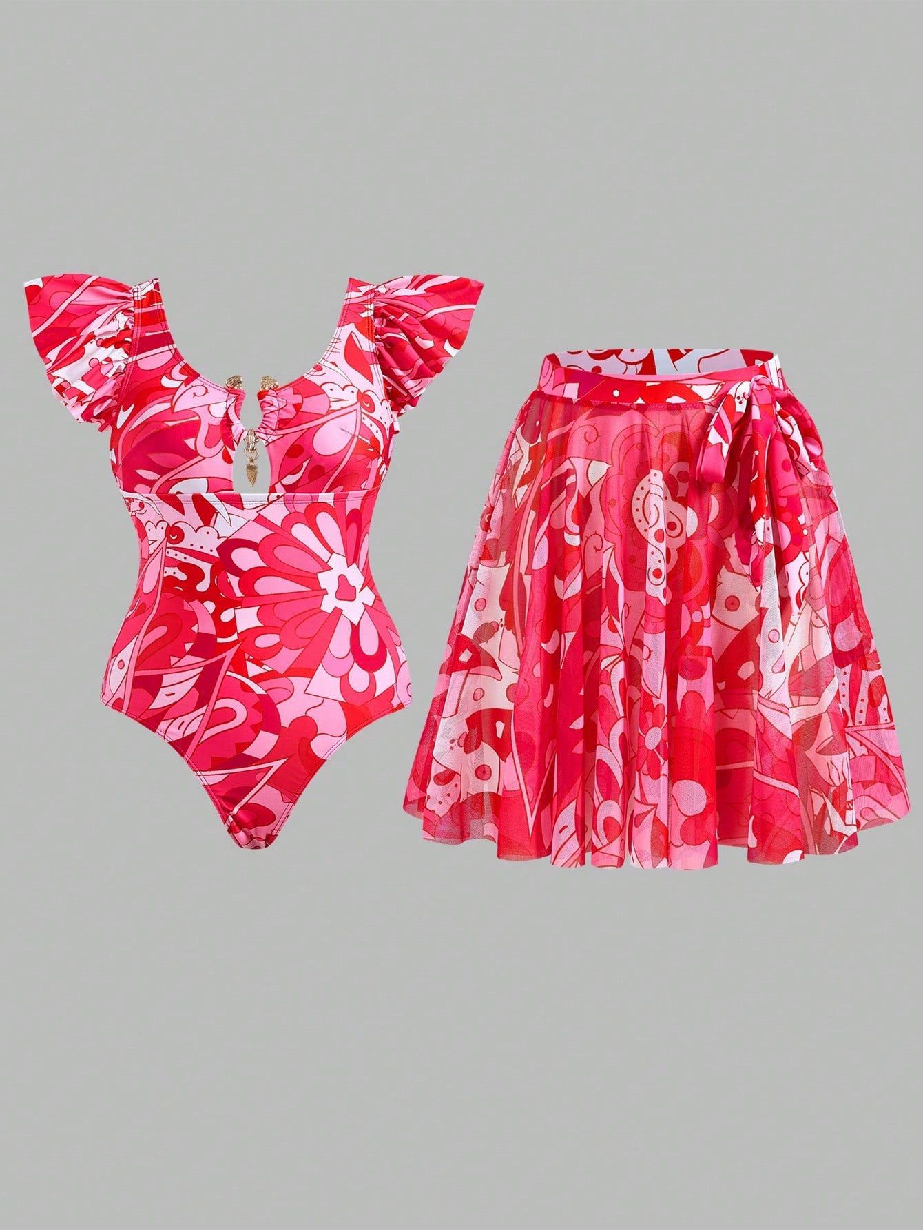 Swim Oasis 2pcs Plus Size Women Colorful Embellished Trim Mermaid Skirt Swimsuit Set, Summer Beach Vacation