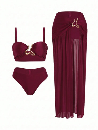 Swim Oasis 3pcs Women's Bikini Set,Burgundy Summer Cute Beach Party Holiday,Retro Adjustable Strap Bandeau Top,Ruched Waist Long Skirt With Metal Decor,Holiday