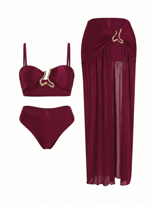 Swim Oasis 3pcs Women's Bikini Set,Burgundy Summer Cute Beach Party Holiday,Retro Adjustable Strap Bandeau Top,Ruched Waist Long Skirt With Metal Decor,Holiday