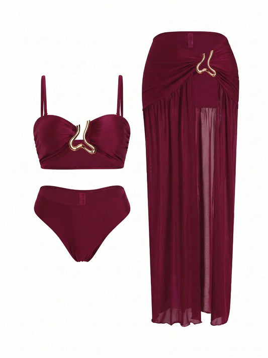 Swim Oasis 3pcs Women's Bikini Set,Burgundy Summer Cute Beach Party Holiday,Retro Adjustable Strap Bandeau Top,Ruched Waist Long Skirt With Metal Decor,Holiday