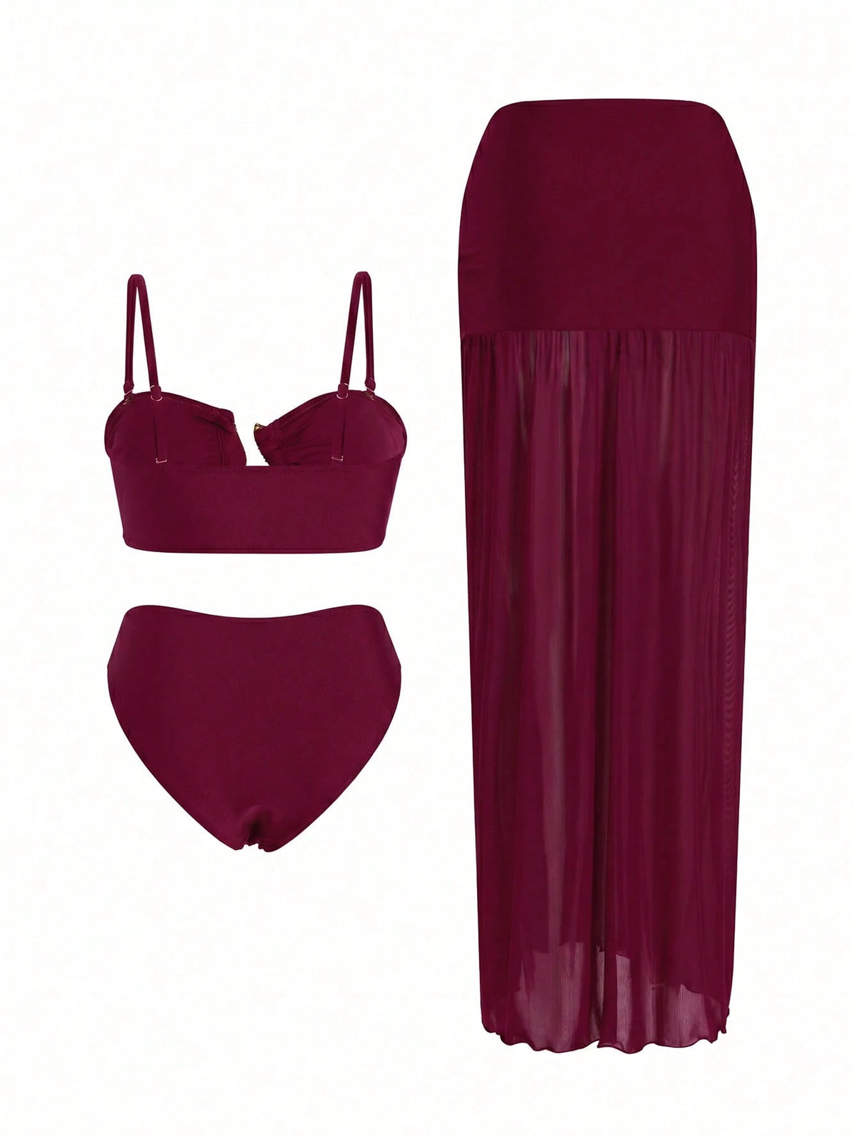 Swim Oasis 3pcs Women's Bikini Set,Burgundy Summer Cute Beach Party Holiday,Retro Adjustable Strap Bandeau Top,Ruched Waist Long Skirt With Metal Decor,Holiday