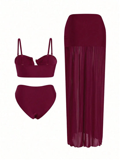 Swim Oasis 3pcs Women's Bikini Set,Burgundy Summer Cute Beach Party Holiday,Retro Adjustable Strap Bandeau Top,Ruched Waist Long Skirt With Metal Decor,Holiday