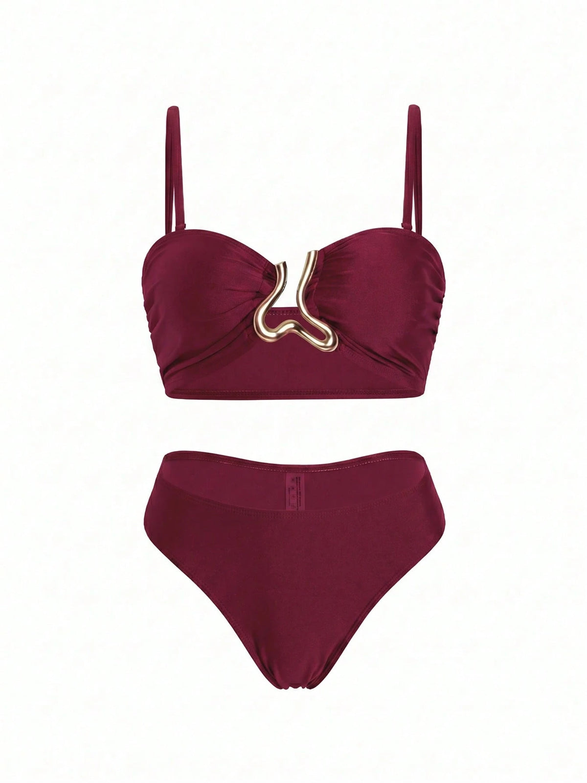Swim Oasis 3pcs Women's Bikini Set,Burgundy Summer Cute Beach Party Holiday,Retro Adjustable Strap Bandeau Top,Ruched Waist Long Skirt With Metal Decor,Holiday