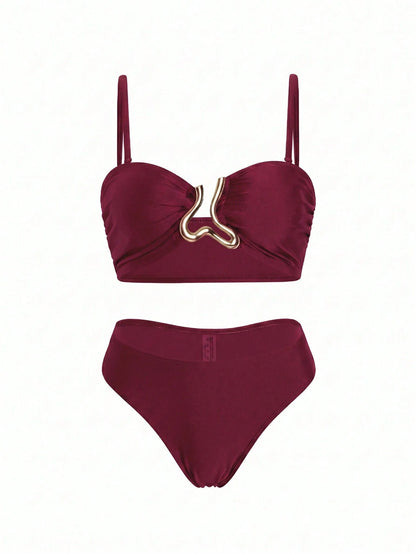 Swim Oasis 3pcs Women's Bikini Set,Burgundy Summer Cute Beach Party Holiday,Retro Adjustable Strap Bandeau Top,Ruched Waist Long Skirt With Metal Decor,Holiday