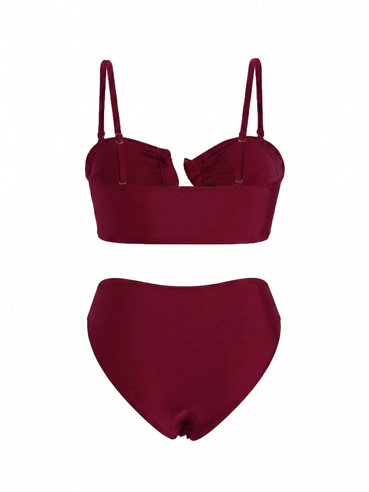 Swim Oasis 3pcs Women's Bikini Set,Burgundy Summer Cute Beach Party Holiday,Retro Adjustable Strap Bandeau Top,Ruched Waist Long Skirt With Metal Decor,Holiday