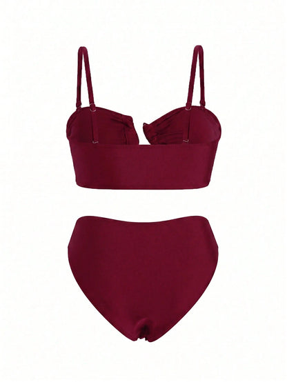 Swim Oasis 3pcs Women's Bikini Set,Burgundy Summer Cute Beach Party Holiday,Retro Adjustable Strap Bandeau Top,Ruched Waist Long Skirt With Metal Decor,Holiday