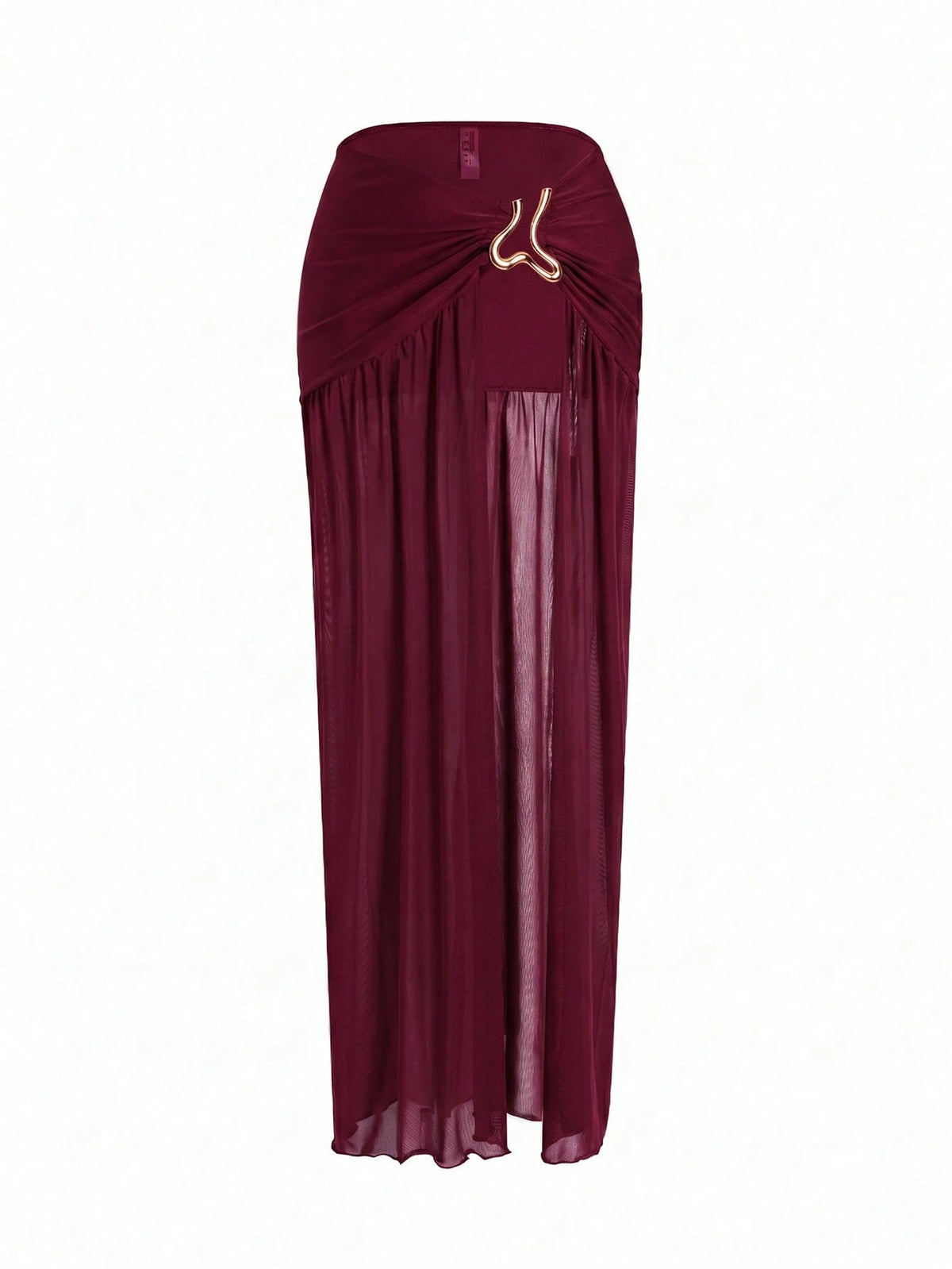 Swim Oasis 3pcs Women's Bikini Set,Burgundy Summer Cute Beach Party Holiday,Retro Adjustable Strap Bandeau Top,Ruched Waist Long Skirt With Metal Decor,Holiday
