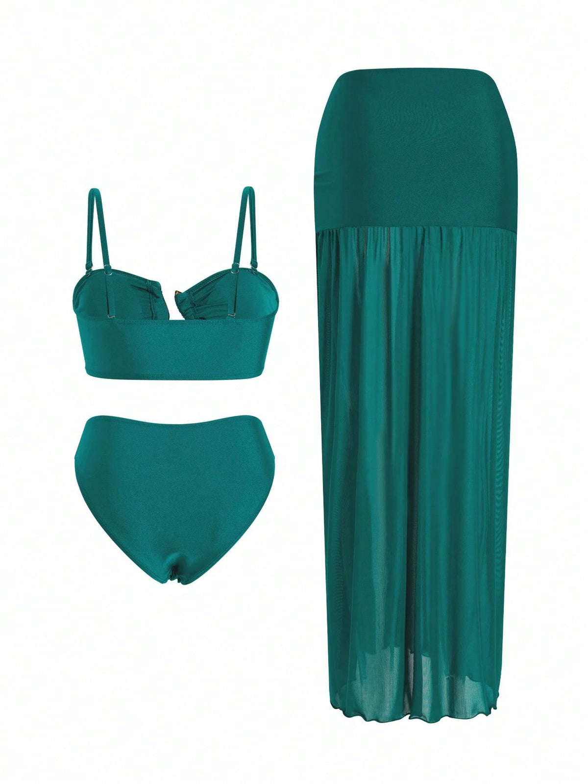 Swim Oasis 3pcs Women's Bikini Set,Burgundy Summer Cute Beach Party Holiday,Retro Adjustable Strap Bandeau Top,Ruched Waist Long Skirt With Metal Decor,Holiday