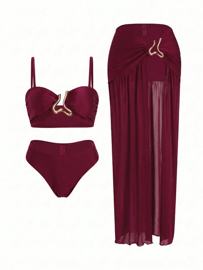 Swim Oasis 3pcs Women's Bikini Set,Burgundy Summer Cute Beach Party Holiday,Retro Adjustable Strap Bandeau Top,Ruched Waist Long Skirt With Metal Decor,Holiday