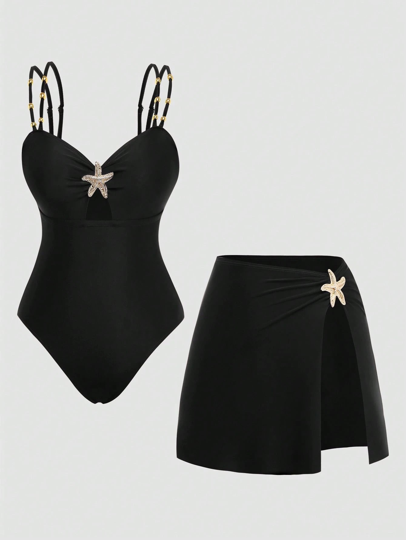 Swim Oasis Elegant Plus Size One-Piece Swimsuit For Women,Black,Summer,Classy,Formal,Evening,Vacation,Holiday,Two Pieces Beaded Starfish Printed Slit Skirt Set
