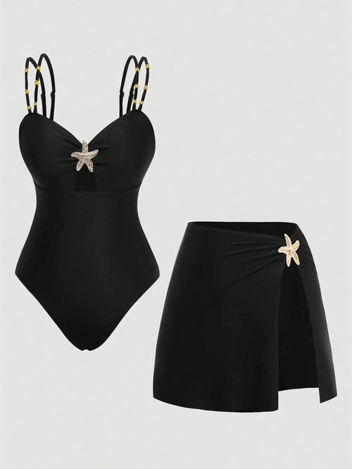 Swim Oasis Elegant Plus Size One-Piece Swimsuit For Women,Black,Summer,Classy,Formal,Evening,Vacation,Holiday,Two Pieces Beaded Starfish Printed Slit Skirt Set