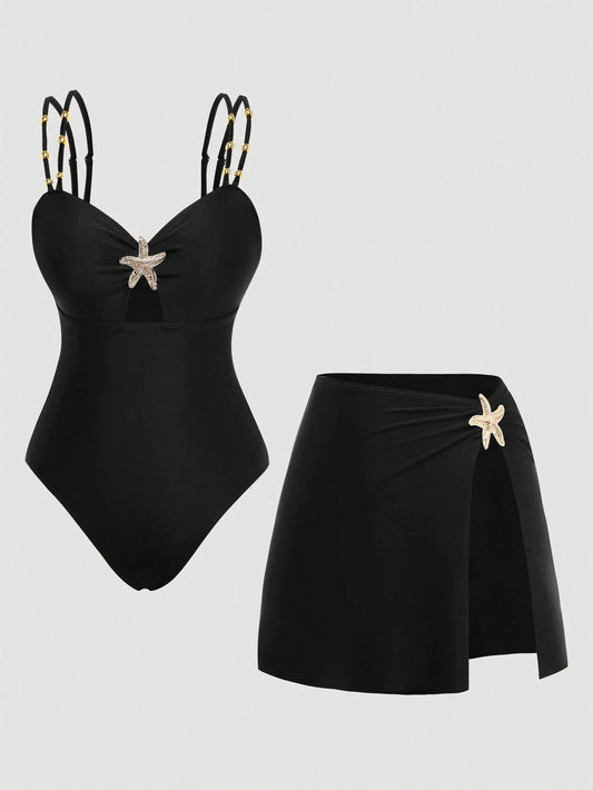 Swim Oasis Elegant Plus Size One-Piece Swimsuit For Women,Black,Summer,Classy,Formal,Evening,Vacation,Holiday,Two Pieces Beaded Starfish Printed Slit Skirt Set