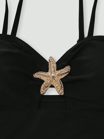 Swim Oasis Elegant Plus Size One-Piece Swimsuit For Women,Black,Summer,Classy,Formal,Evening,Vacation,Holiday,Two Pieces Beaded Starfish Printed Slit Skirt Set