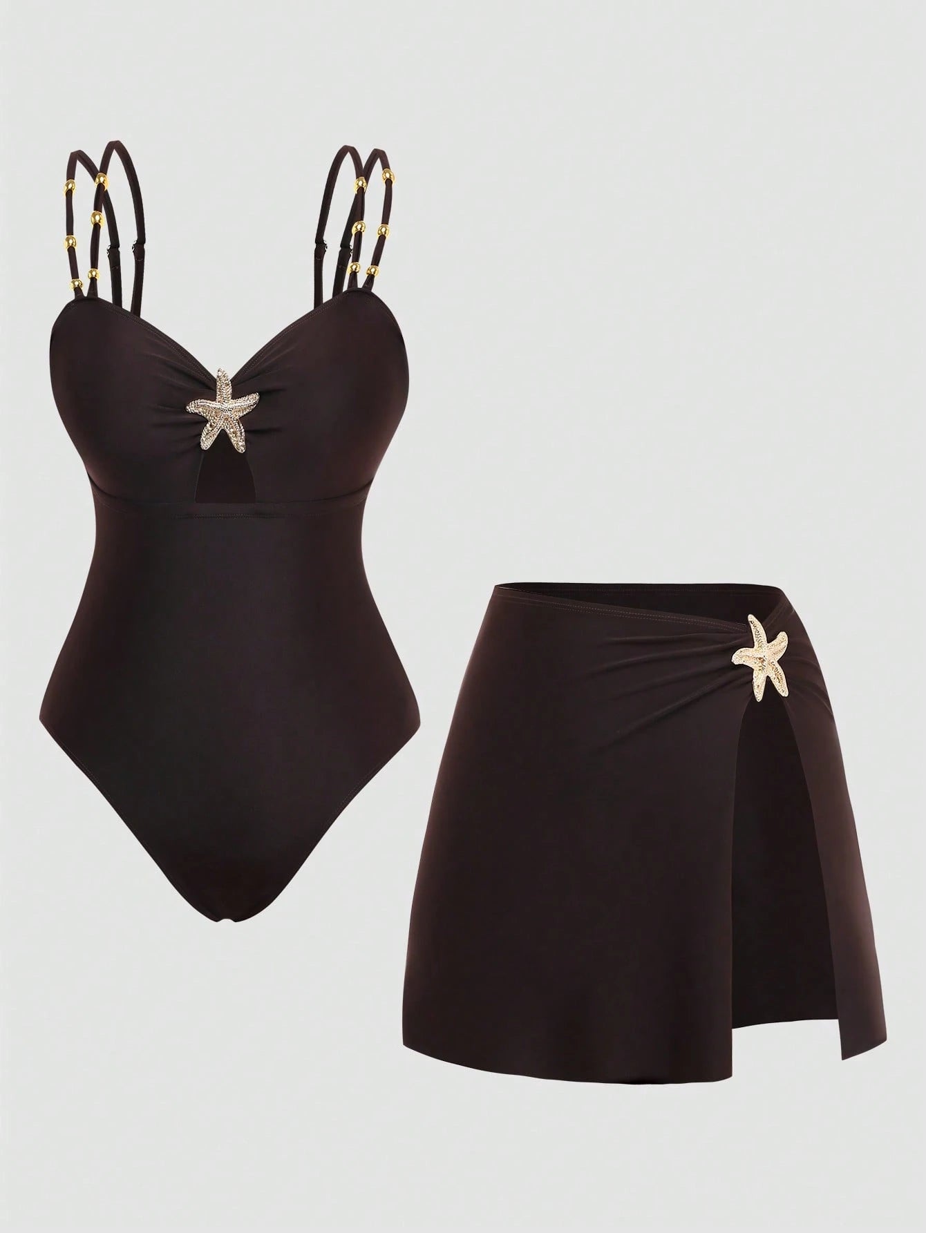 Swim Oasis Elegant Plus Size One-Piece Swimsuit For Women,Black,Summer,Classy,Formal,Evening,Vacation,Holiday,Two Pieces Beaded Starfish Printed Slit Skirt Set