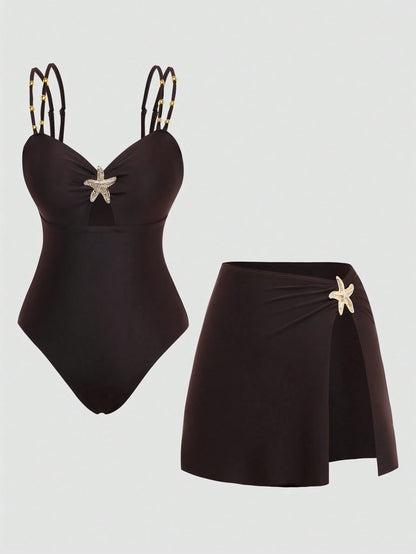 Swim Oasis Elegant Plus Size One-Piece Swimsuit For Women,Black,Summer,Classy,Formal,Evening,Vacation,Holiday,Two Pieces Beaded Starfish Printed Slit Skirt Set