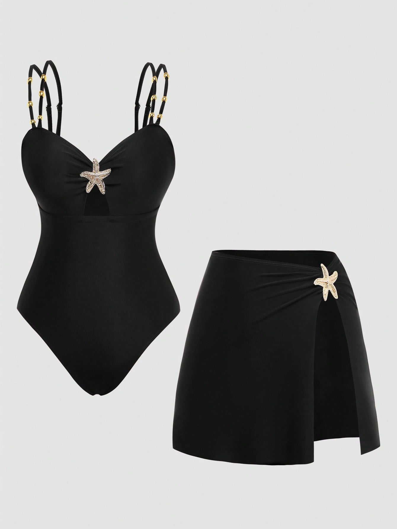 Swim Oasis Elegant Plus Size One-Piece Swimsuit For Women,Black,Summer,Classy,Formal,Evening,Vacation,Holiday,Two Pieces Beaded Starfish Printed Slit Skirt Set