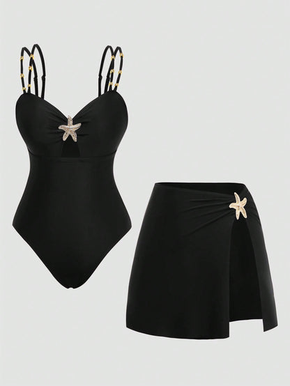 Swim Oasis Elegant Plus Size One-Piece Swimsuit For Women,Black,Summer,Classy,Formal,Evening,Vacation,Holiday,Two Pieces Beaded Starfish Printed Slit Skirt Set