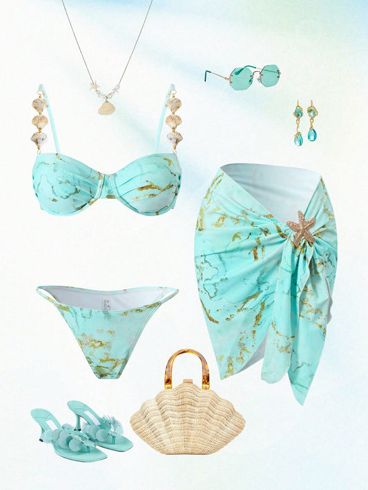Swim Oasis Mint Green Women's 3-Piece Marble Print Underwire Bikini Set,Skirt,Seashell Strap,Gold Starfish Summer Casual Beach Party Holiday Vacation Holiday