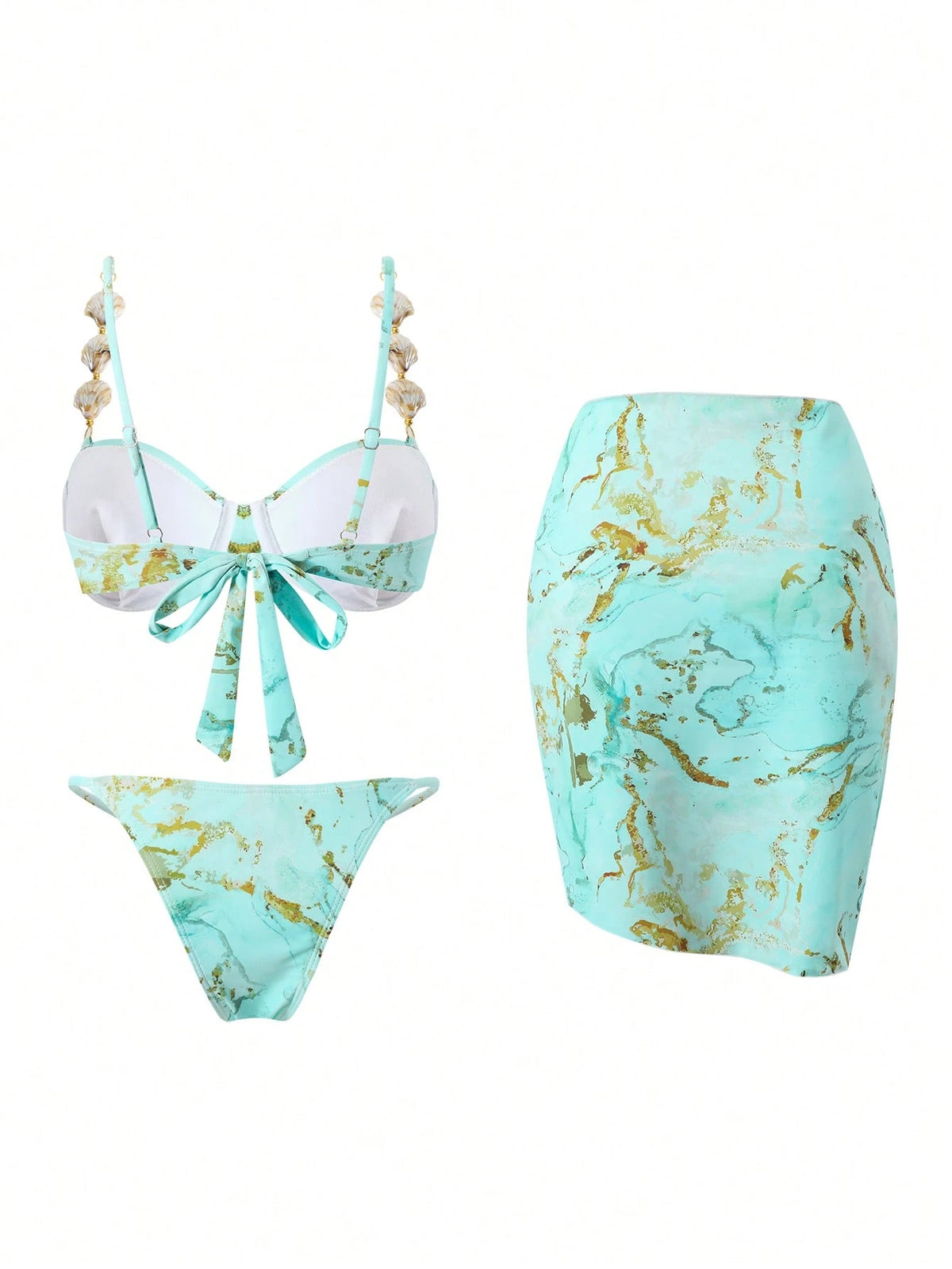 Swim Oasis Mint Green Women's 3-Piece Marble Print Underwire Bikini Set,Skirt,Seashell Strap,Gold Starfish Summer Casual Beach Party Holiday Vacation Holiday
