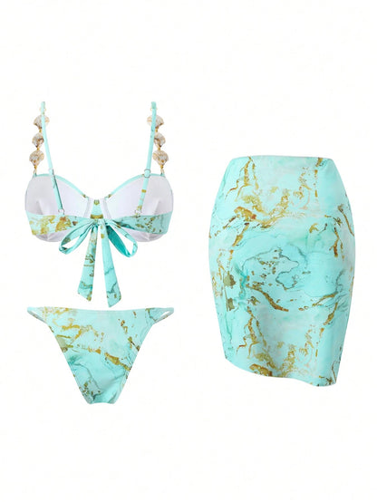 Swim Oasis Mint Green Women's 3-Piece Marble Print Underwire Bikini Set,Skirt,Seashell Strap,Gold Starfish Summer Casual Beach Party Holiday Vacation Holiday