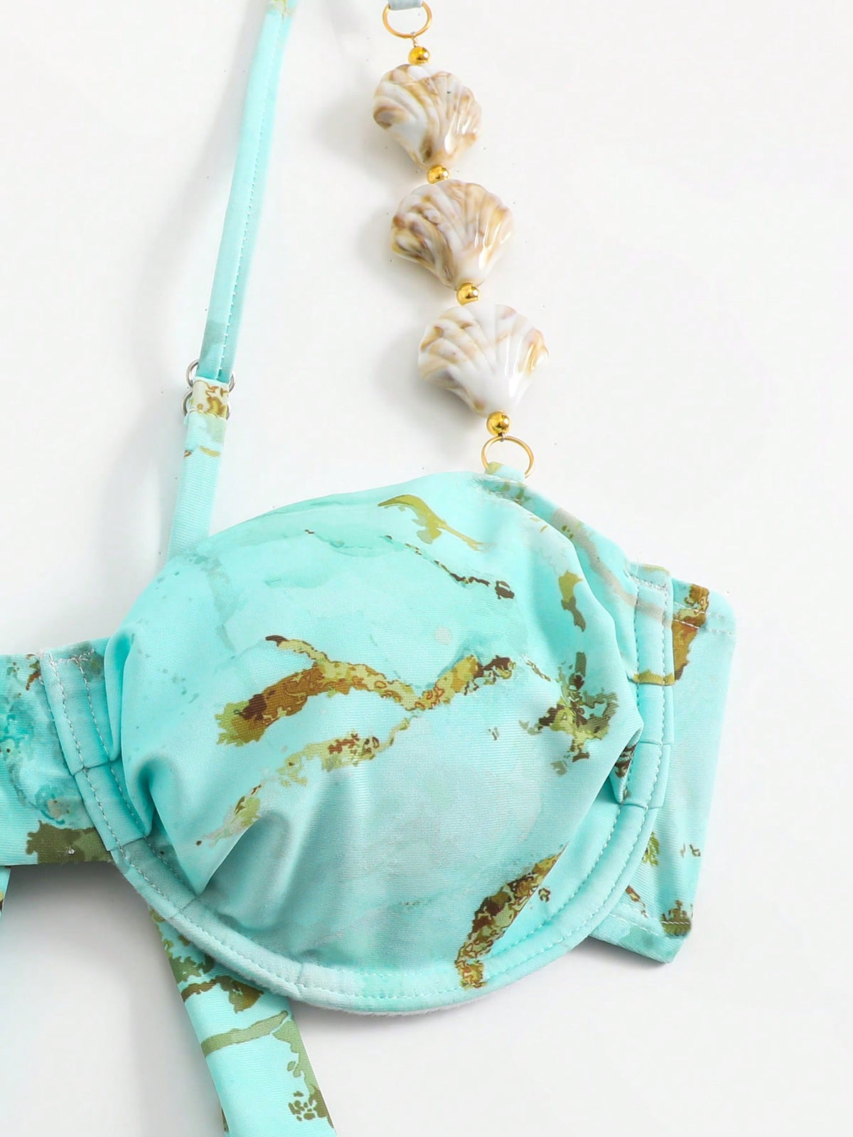 Swim Oasis Mint Green Women's 3-Piece Marble Print Underwire Bikini Set,Skirt,Seashell Strap,Gold Starfish Summer Casual Beach Party Holiday Vacation Holiday