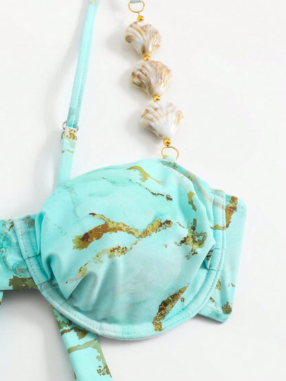 Swim Oasis Mint Green Women's 3-Piece Marble Print Underwire Bikini Set,Skirt,Seashell Strap,Gold Starfish Summer Casual Beach Party Holiday Vacation Holiday