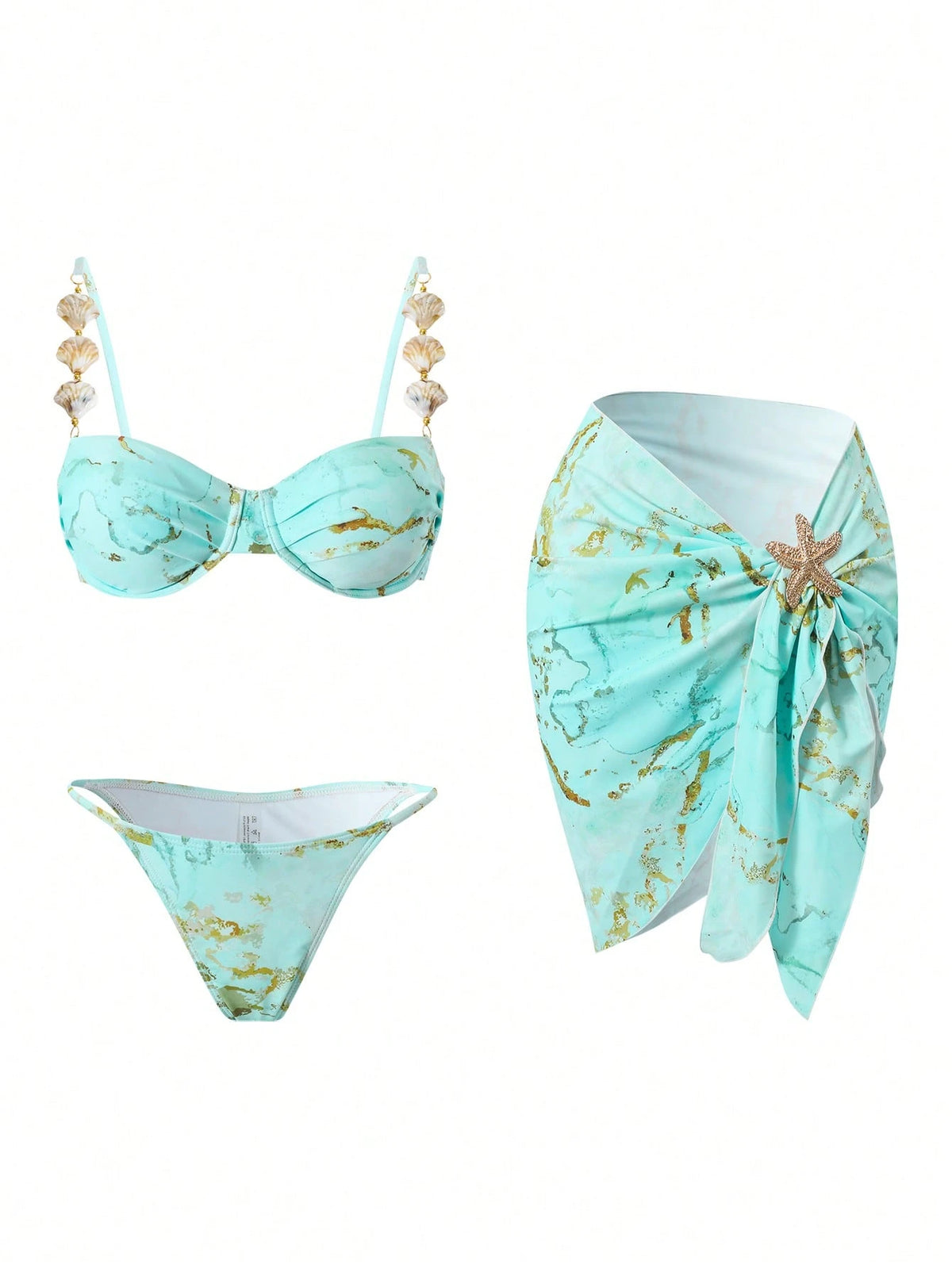 Swim Oasis Mint Green Women's 3-Piece Marble Print Underwire Bikini Set,Skirt,Seashell Strap,Gold Starfish Summer Casual Beach Party Holiday Vacation Holiday