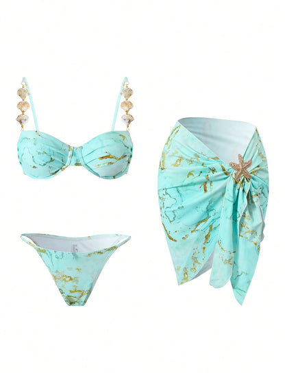 Swim Oasis Mint Green Women's 3-Piece Marble Print Underwire Bikini Set,Skirt,Seashell Strap,Gold Starfish Summer Casual Beach Party Holiday Vacation Holiday