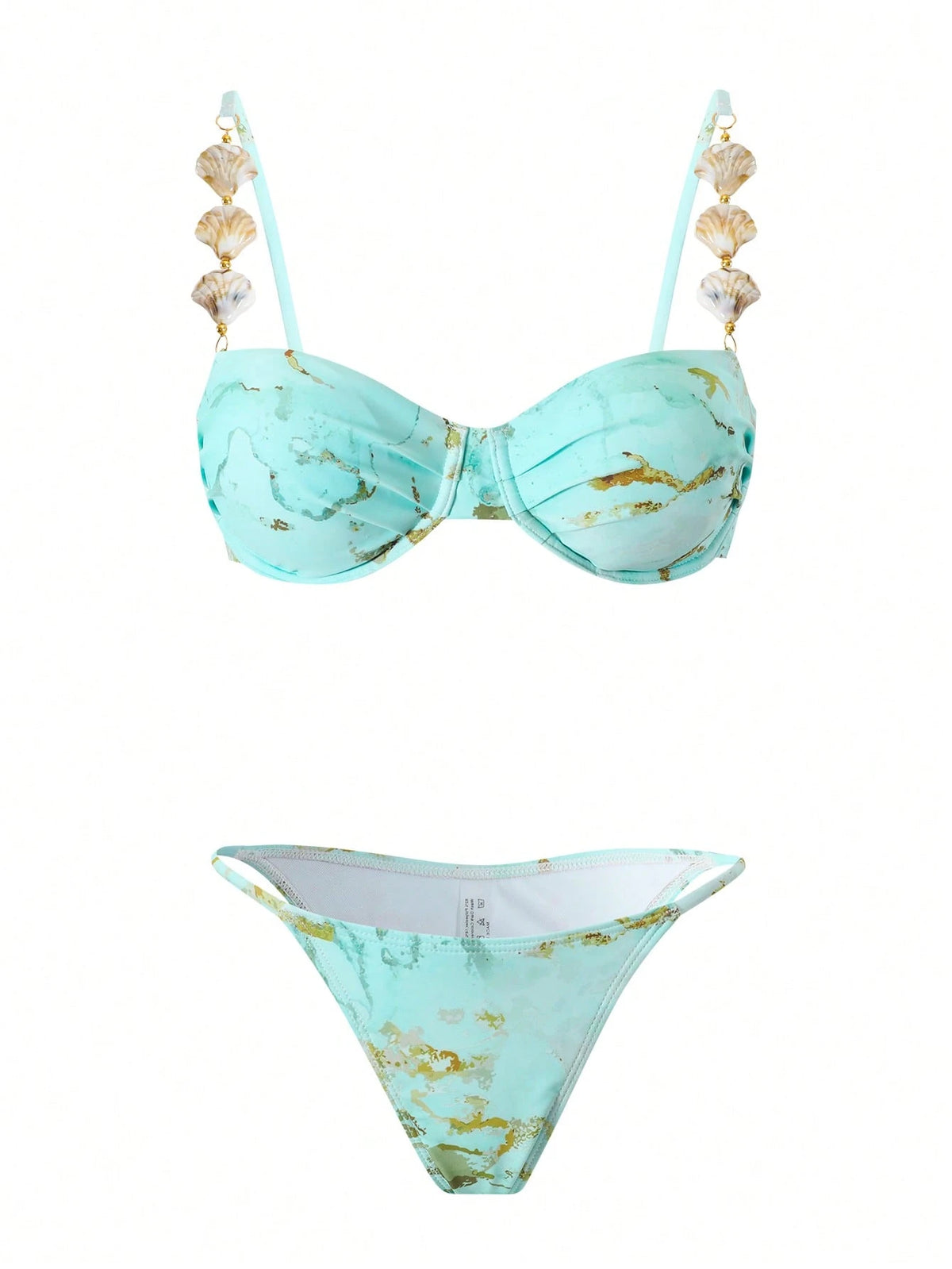 Swim Oasis Mint Green Women's 3-Piece Marble Print Underwire Bikini Set,Skirt,Seashell Strap,Gold Starfish Summer Casual Beach Party Holiday Vacation Holiday
