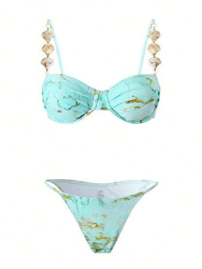 Swim Oasis Mint Green Women's 3-Piece Marble Print Underwire Bikini Set,Skirt,Seashell Strap,Gold Starfish Summer Casual Beach Party Holiday Vacation Holiday