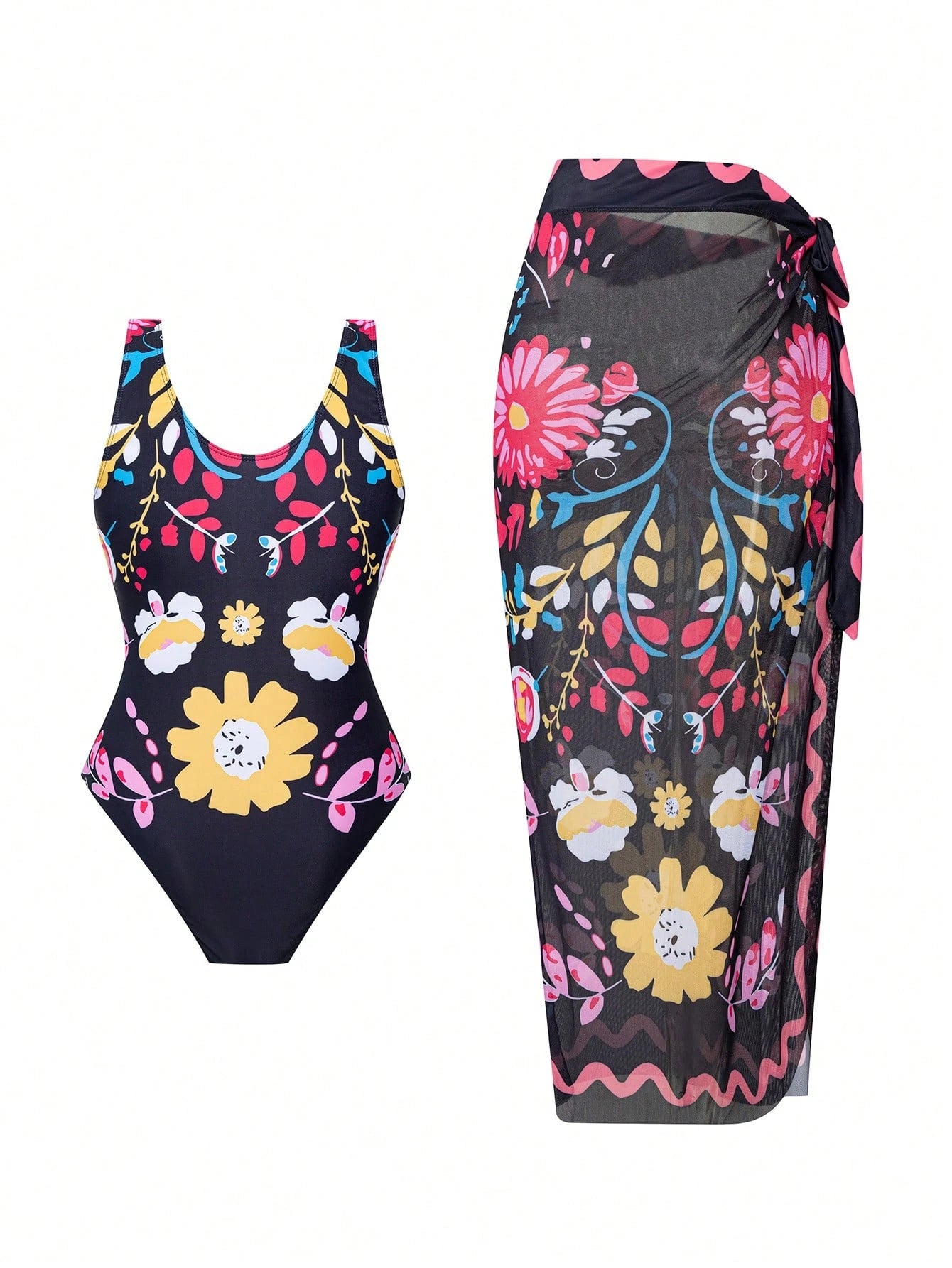 Swim Oasis Plus Size Women 2-Piece Set Graphic Print Boho Slimming Tummy-Control Long Semi-Sheer Mesh Skirt V-Neck One-Piece Swimsuit Outfit Beach Black Summer